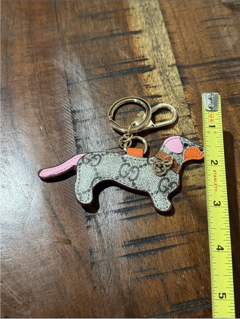 Designer Dog Keychain Charm in Beige Monogram with Pink & Orange Accents